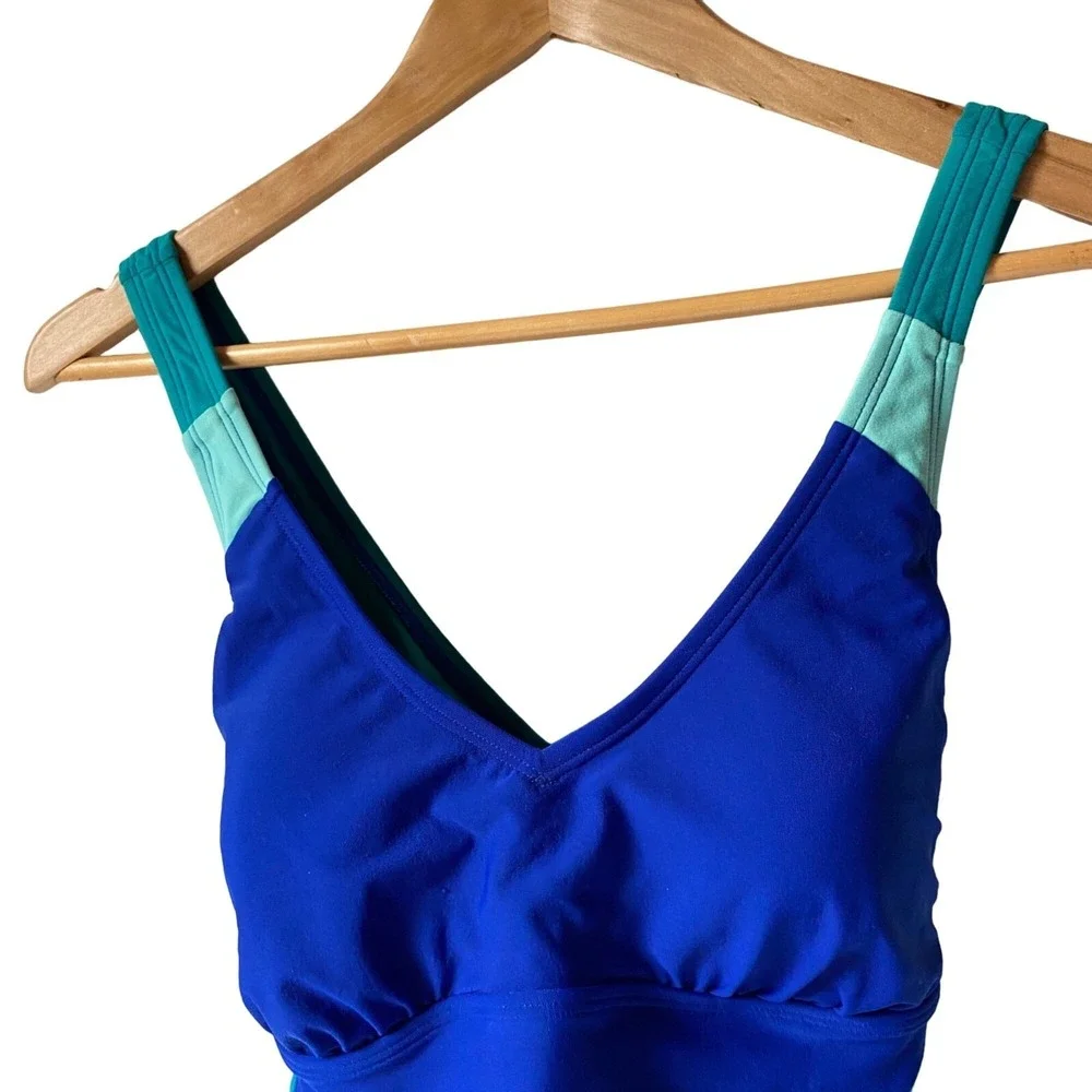 Lands End Womens Blue Colorblock One Piece Swimsuit Crisscross Back 10P Petite